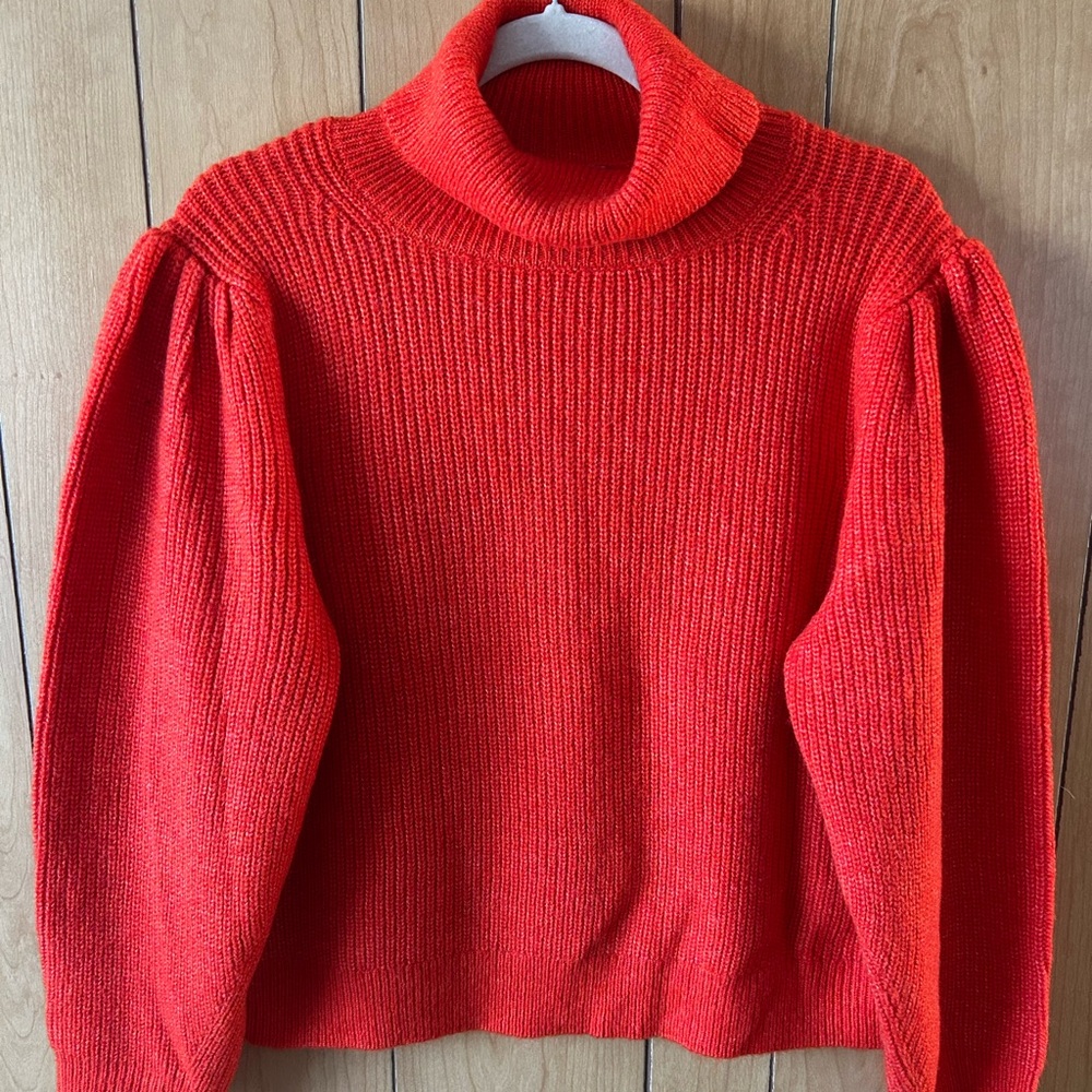 J. Crew Vibrant Red Cowl Neck Cropped Sweater Puff Shoulder